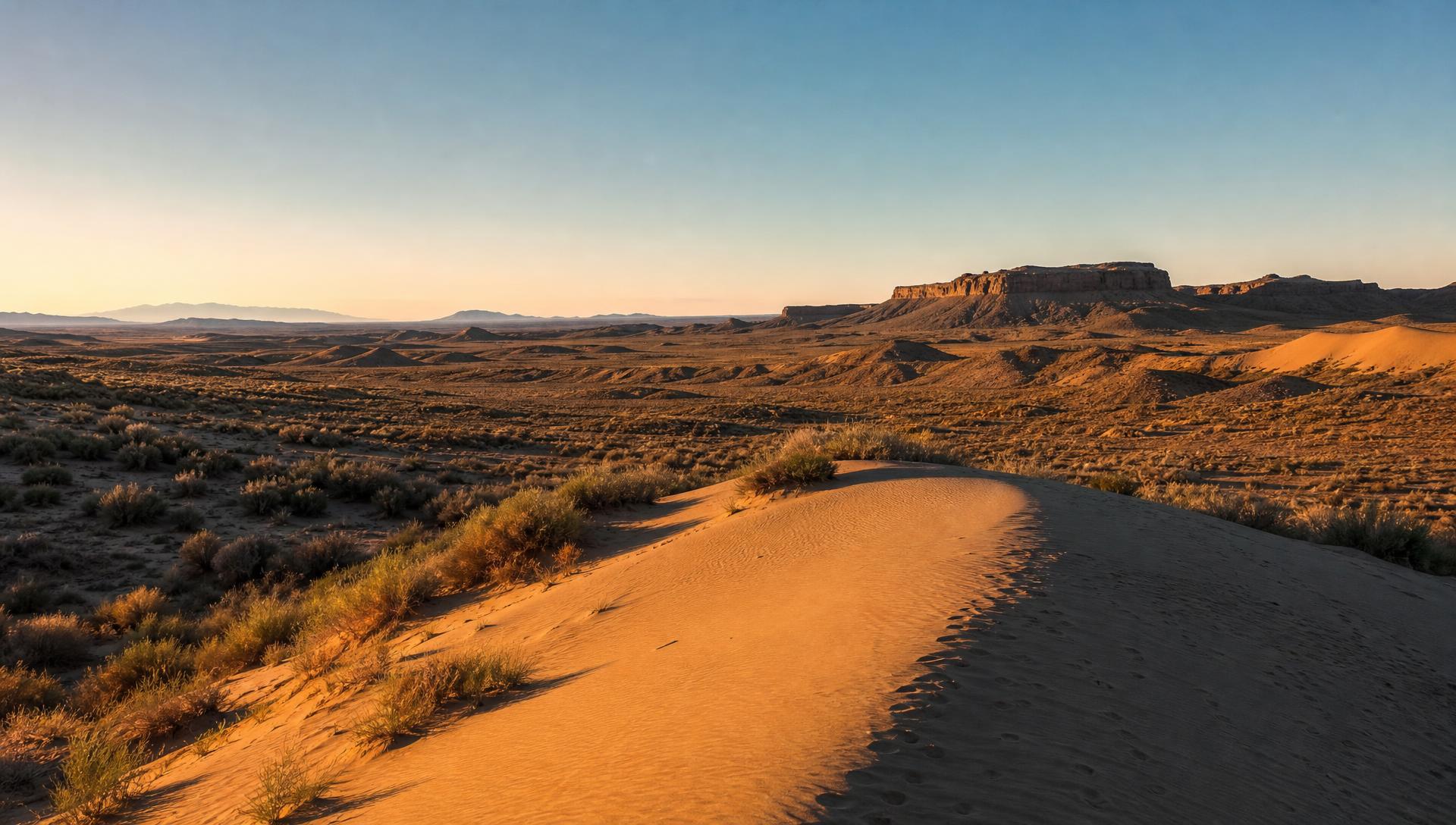 Wide desert plateau at golden hour with soft dunes and distant mesas