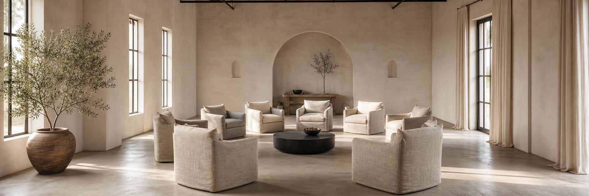 Circle of linen armchairs in a calm, light-filled coaching studio