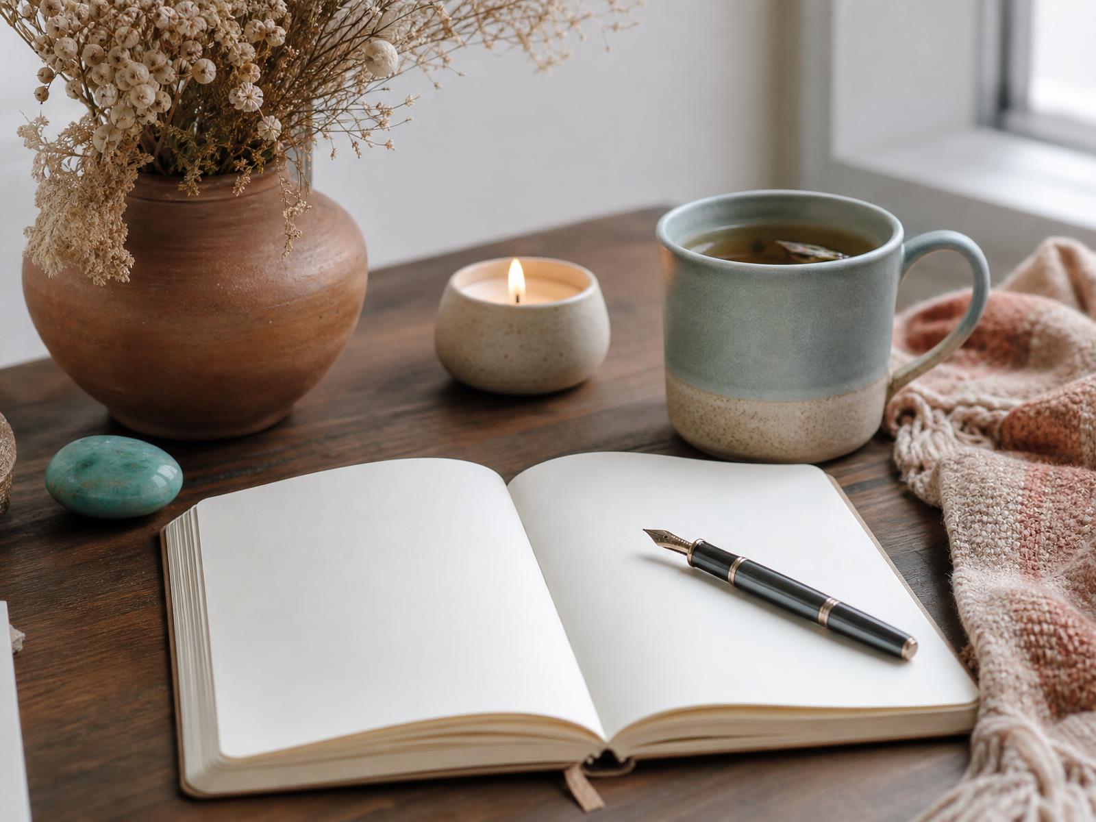 Calm journaling corner with an open notebook, tea and desert botanicals