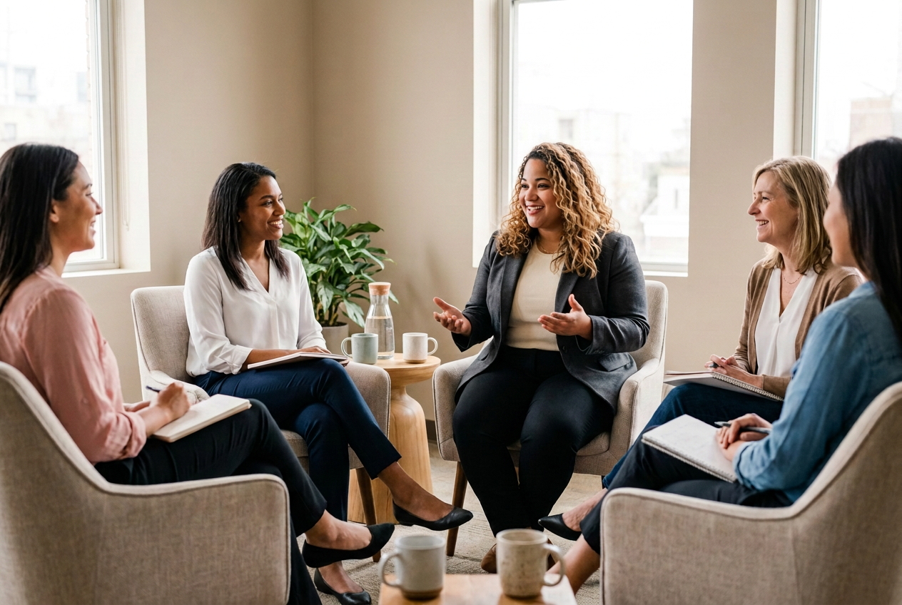 Hali E. Russell facilitating a small circle of women in a modern workshop space