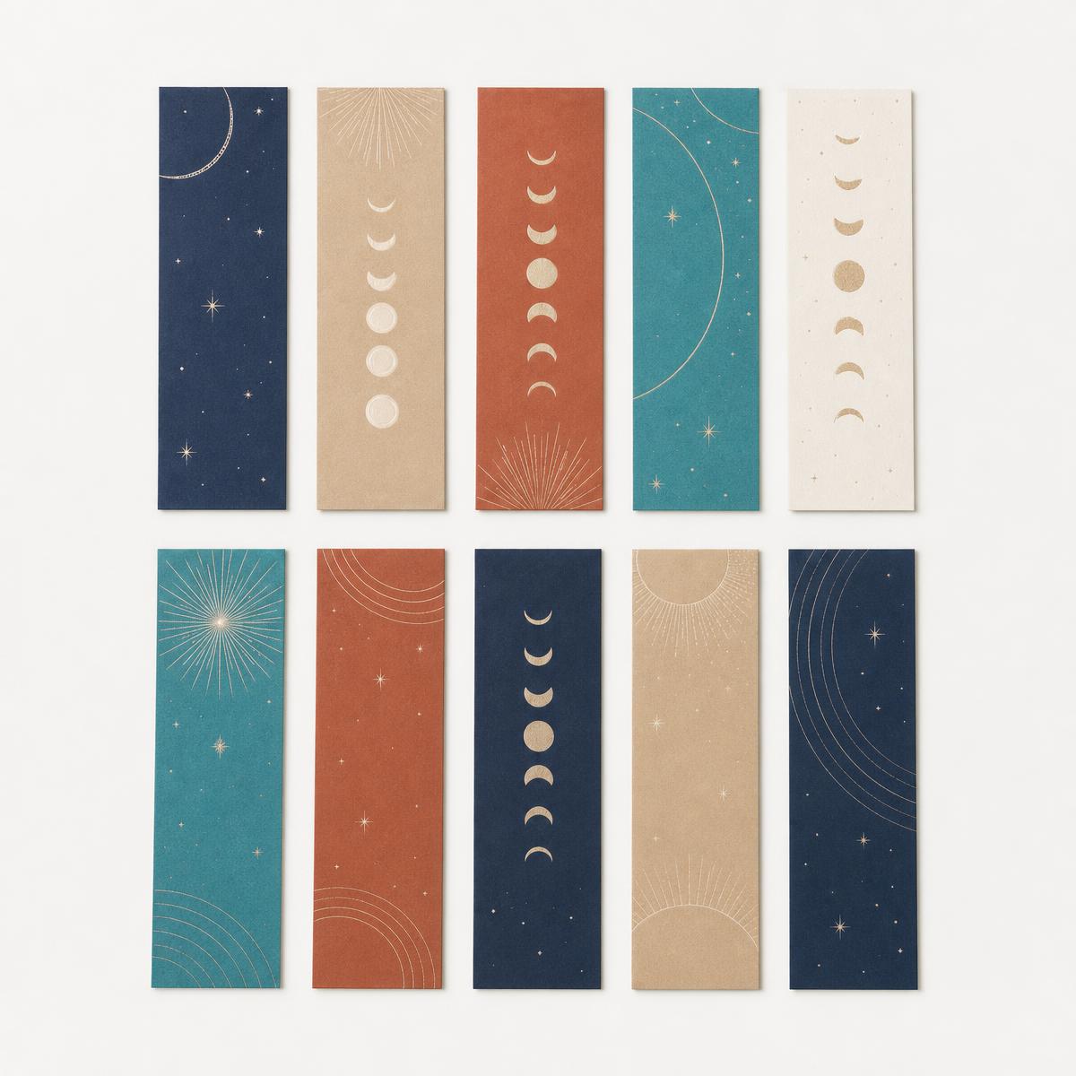 Ten mixed celestial bookmarks arranged in two straight rows on a studio background