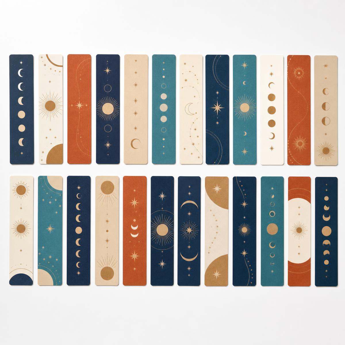 Thirty celestial bookmarks arranged in an even grid on a studio background